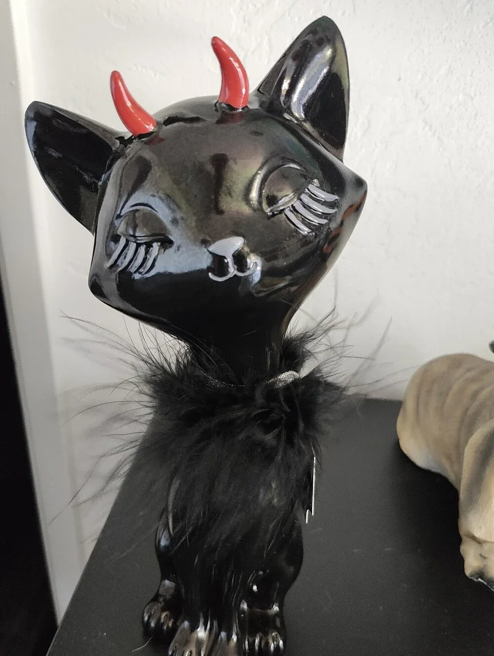 Bella Luxx Black Cat Figurine with Red Horns and Feather Collar